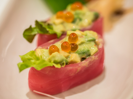 Tuna sushi with spawn on plateの写真素材