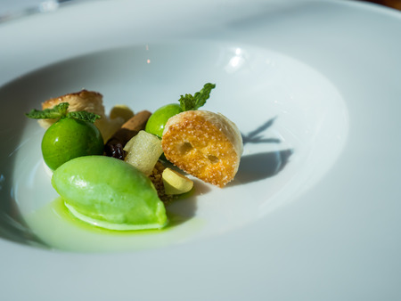 Mixed dessert, crispy pastry, caramelized apples, cinnamon mouse and apple sorbetの写真素材