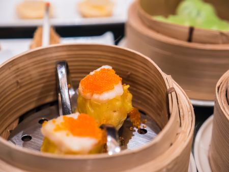 Prawn dumpling in bamboo basket, Dim sum setの写真素材