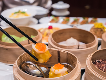 Prawn dumpling in bamboo basket, Dim sum setの写真素材