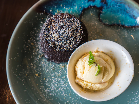 Hot chocolate lava cake with vanilla ice-creamの写真素材