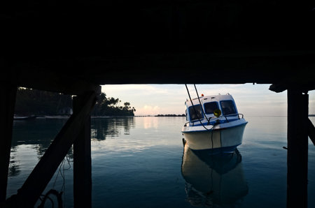 Boat still moored in the morning.の写真素材
