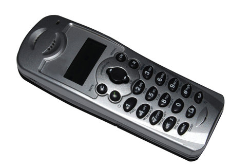 A modern silver coloured digital telephone handset shown isolated on a white background.