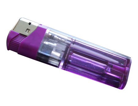 A used pink disposable cigarette lighter isolated on a white background 