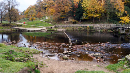 November 2018 Stepping Stones across the River Wharfe at Bolton Abbey in North Yorkshire.