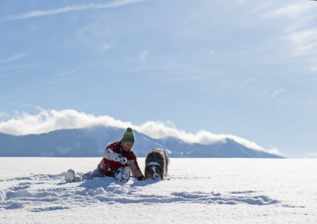 Fun and active walk with a dog in the snowの写真素材