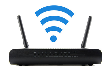 Black Wireless Router isolated on white backgroundの写真素材