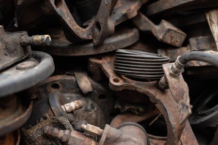 Old engine parts, steel and used car parts, for engineering. Selective focus.の写真素材