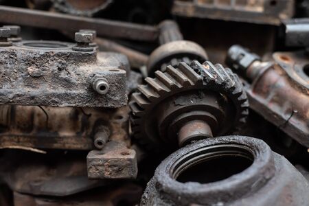 Old engine parts, steel and used car parts, for engineering. Selective focus.の写真素材