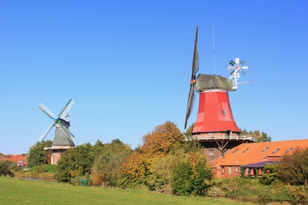 Windmills in Greetsiel, East Frisia, Lower Saxony, Germanyの写真素材