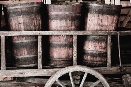 Old wooden vats for transport of the grapes at harvest, Alsace, Franceの写真素材