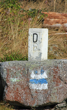 Boundary stone in the Bavarian Forest between Germany and the Czech Republicの写真素材