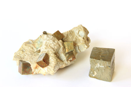 Pyrite crystals in the source rock and single cubic crystal