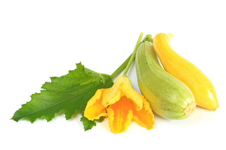 Yellow and green Courgettes with a leaf and a flower in front of white backgroundの写真素材
