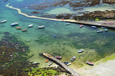 Boats, view from Phare d'Eckmuehl, Finistere, Brittany, Franceの写真素材