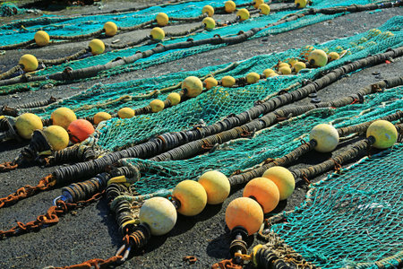 Fishing nets in the port of Loctudy, Finistere, Brittany, France spread to dry