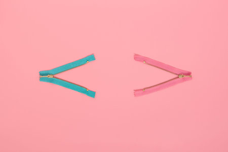 Zipper on a pink background. Flat lay concept, top view.