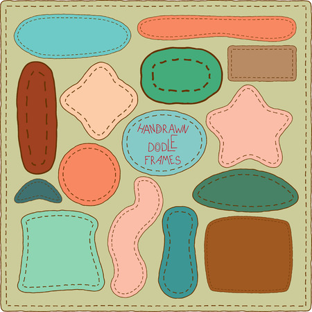 Needlework Labels. Hand-drawn doodles and design elements, patchwork quilt. Ornate frames, banners and ribbons isolated.のイラスト素材