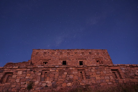 Milkyway at Inca ruins of the Temple of the Sun Pillkukayna, Isla del Sol Island of the Sun, Titicaca Lake, Boliviaの写真素材