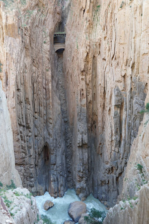 Hiking trail Caminito del Rey, Kings Walkway, in Malaga Spain, narrow footpath leads through natural beauty mountain range cliff faces of Gaitanes Gorge, hisotric landmark popular tourist attractionの写真素材