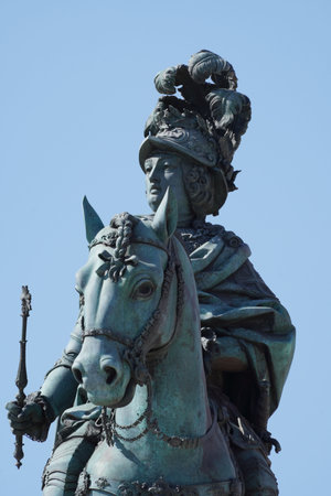 Commerce Square or Praca do Comercio with statue of Dom Jose I, King on horse is symbolically crushing snakes on his path.の写真素材