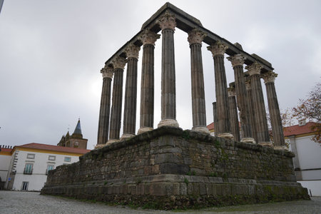 architectural detail of the Roman Temple of Evora or Temple of Diana in Portugal