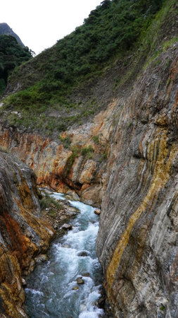 Salkantay Mountain Hike, with the lagoon Humantay and a river in Peruの写真素材