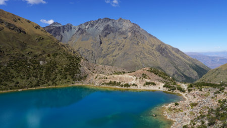 Salkantay Mountain Hike, with the lagoon Humantay and a river in Peruの写真素材