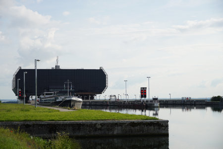 The Strepy Thieu boat lift (L'ascenseur funiculaire de Strepy-Thieu) from behind connected to the aqueducts from Canal du Center near Mons, Belgium.の写真素材