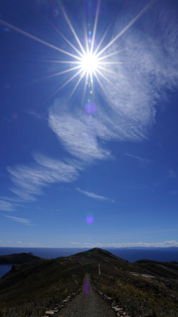 Island of the sun at amazing lake Titicaca in Boliviaの写真素材