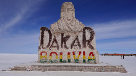 Monument with the flags, Uyuni Salt Flats (Salar de Uyuni), Uyuni, Bolivia, South Americaの写真素材