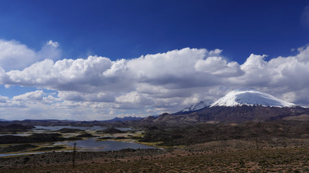 Parinacota volcano and Chungara lake, Lauca National Park in Chile