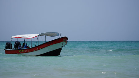 Boat on a sea in Rosario Islands in the Caribbean sea in Colombia
