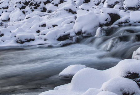 Close up photo of a section of Oxararfoss Waterfall in ?ingvellir National Park Iceland.の写真素材