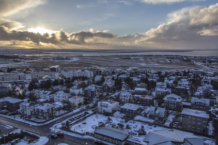 View of the landscape in Reykjav?k Iceland when the sun is setting, photo taken from the top of Hallgr?mskirkja Church.の写真素材