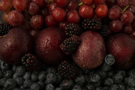 A selection dark red and blue fruit.の写真素材
