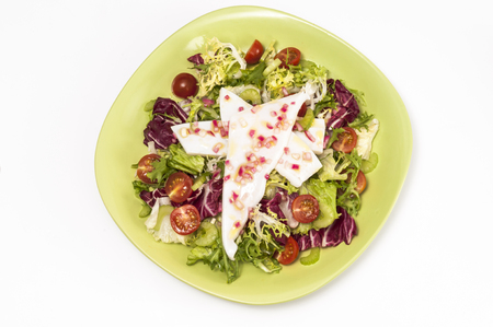 Squid with a mixed salad on a green plate shot from overheadの写真素材