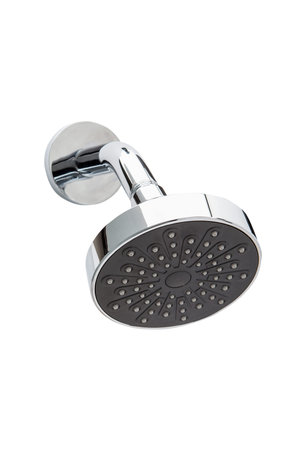 Chrome round shower head on white background.の写真素材