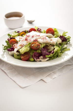 Squid with a mixed salad on a white plate with dressing in the backgroundの写真素材