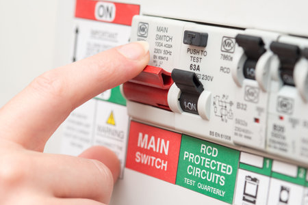 A finger is about to switch off a large red MAINS switch on an RCD circuit breaker board