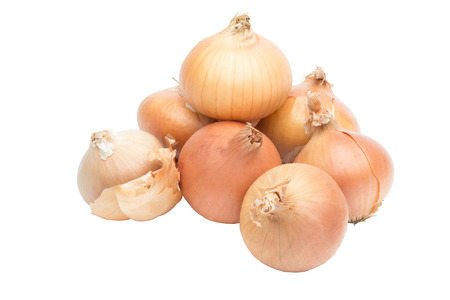 Pile of onions isolated on a white backgroundの写真素材