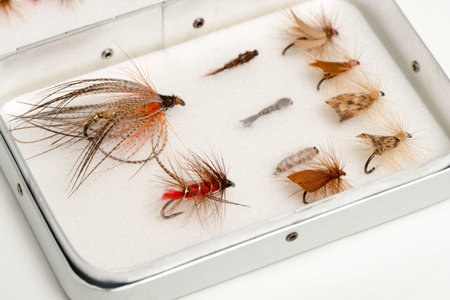 An assortment of trout flies or fishhooks in an aluminum case