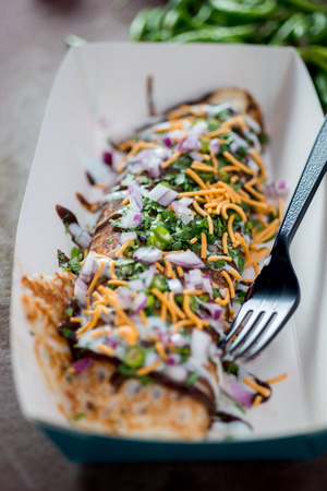 Closeup shot of a traditional Punjabi dosa with fresh toppingsの写真素材