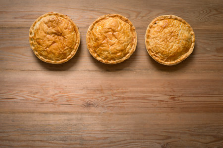 Overhead shot of three cooked meat pies with copy spaceの写真素材
