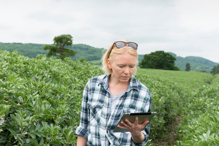 Woman glancing on her tablet computer screen with dense foliage, hills, and white skies in the...