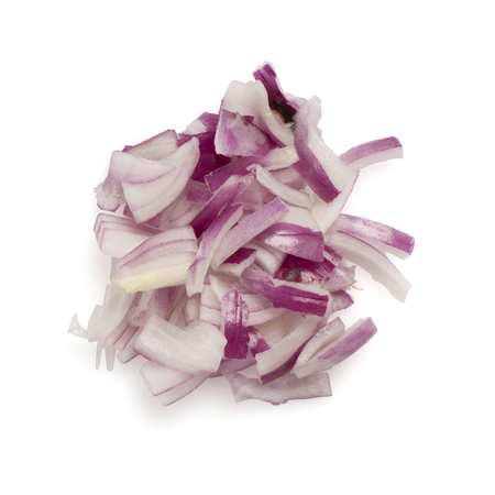 Chopped red onions isolated on a white backgroundの写真素材