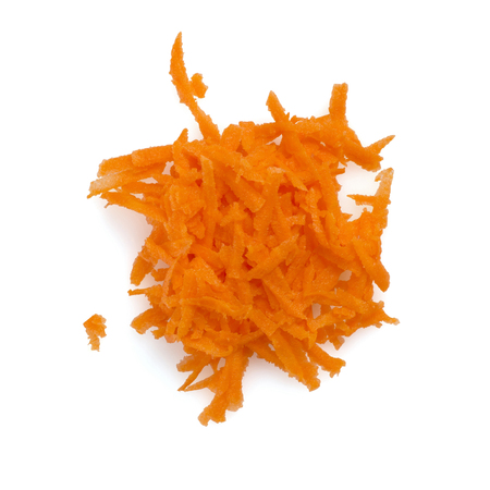 Grated carrots isolated on a white backgroundの写真素材