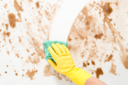 Gloved hand wiping clean a messy counter top or floor with a cloth or rag