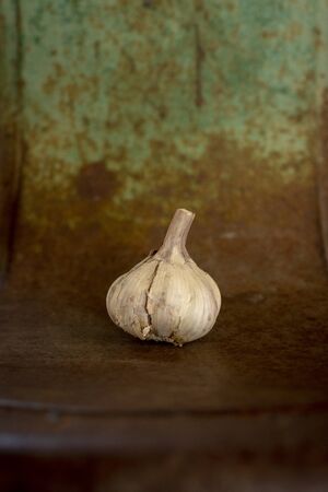 Single garlic bulb on a weathered, rusty, metal seatの写真素材