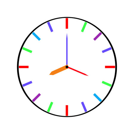 Minimalist analog clock face with colorful hour markers